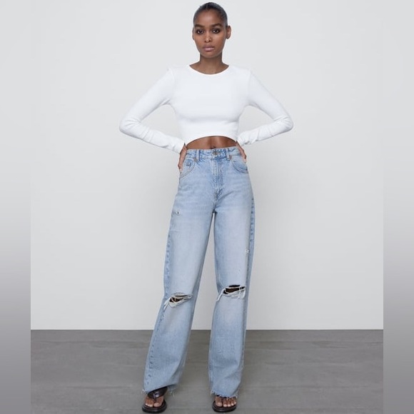Zara Jeans New Zara Wide Leg Full Length Ripped Jeansin Light Blue